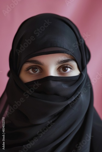 A woman wearing a black hijab looks directly at the camera