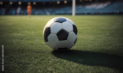 A soccer ball on a soccer field lies on the turf, close-up