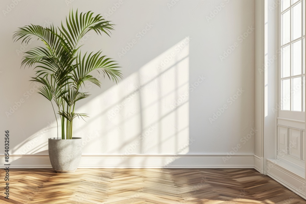 Empty Room Interior with a Plant in a White Pot on Wooden Floor. Touch of Nature in a Minimalist Space Empty Room Interior with a Plant in a White Pot on Wooden Floor. Touch of Nature in a Minimalist Space