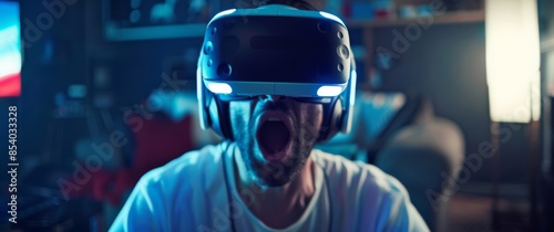 A man wearing a VR headset, showing excitement while immersed in a virtual reality experience in a dimly lit room with modern ambiance and neon accents