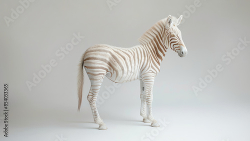 A rare albino zebra with striking white and pale stripes, standing gracefully in a minimalist studio setting, showcasing its unique and beautiful appearance.

