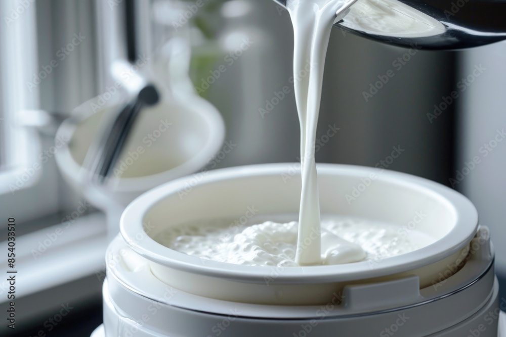 A person pours milk into a container A person pours milk into a container