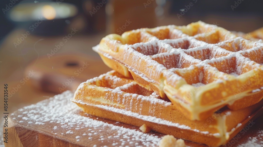 Freshly baked waffles stacked on a wooden cutting board, ready for serving Freshly baked waffles stacked on a wooden cutting board, ready for serving