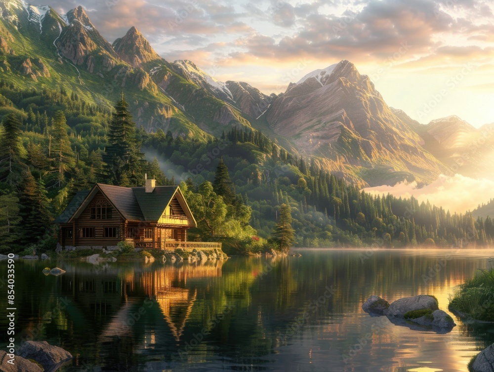 Fototapeta premium A photorealistic depiction of a serene lake house at sunset
