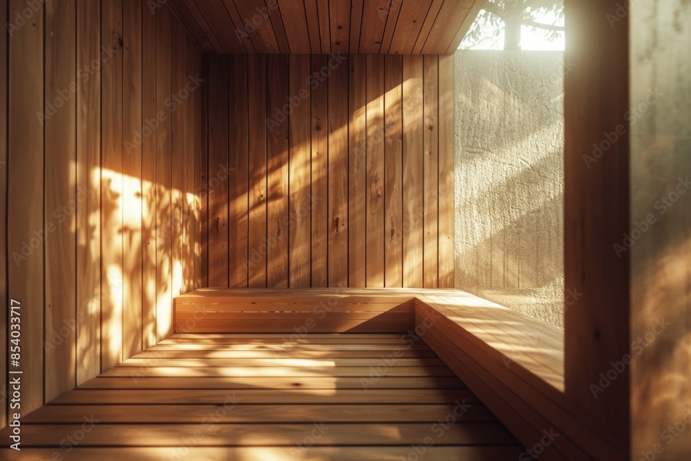 A cozy wooden sauna room with a bench inside, ideal for relaxation and warmth A cozy wooden sauna room with a bench inside, ideal for relaxation and warmth