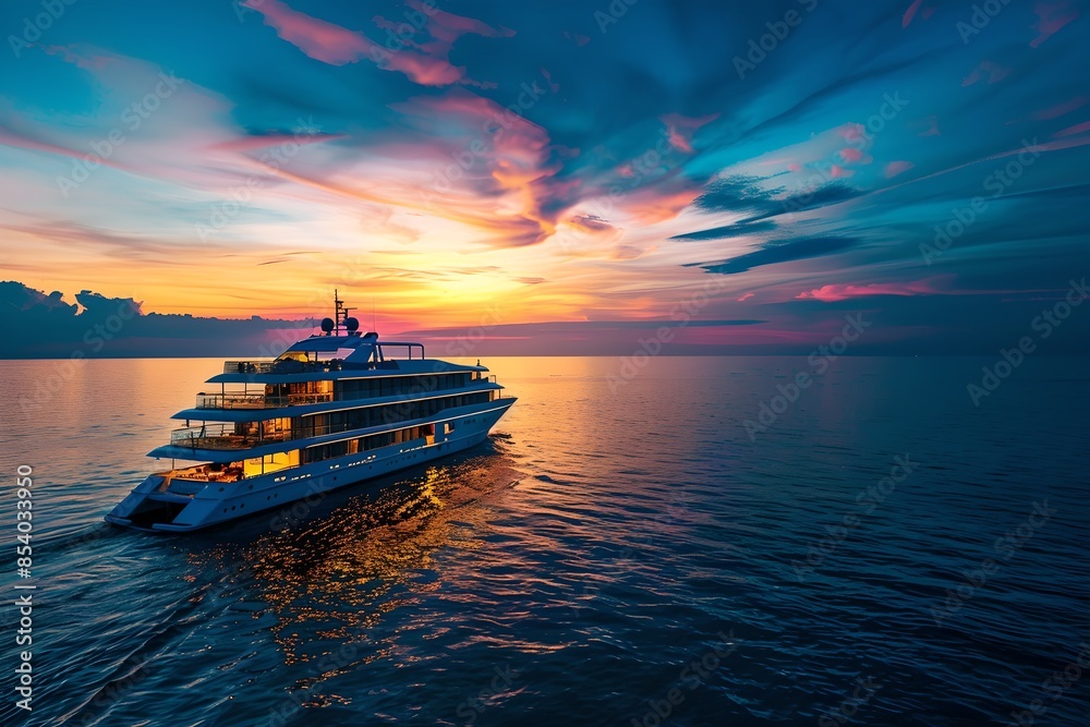 Luxury yacht sailing at sunset with colorful clouds. Modern travel and adventure. Captivating water scene during golden hour. Vibrant nature with stunning seascape. Generative AI Luxury yacht sailing at sunset with colorful clouds. Modern travel and adventure. Captivating water scene during golden hour. Vibrant nature with stunning seascape. Generative AI