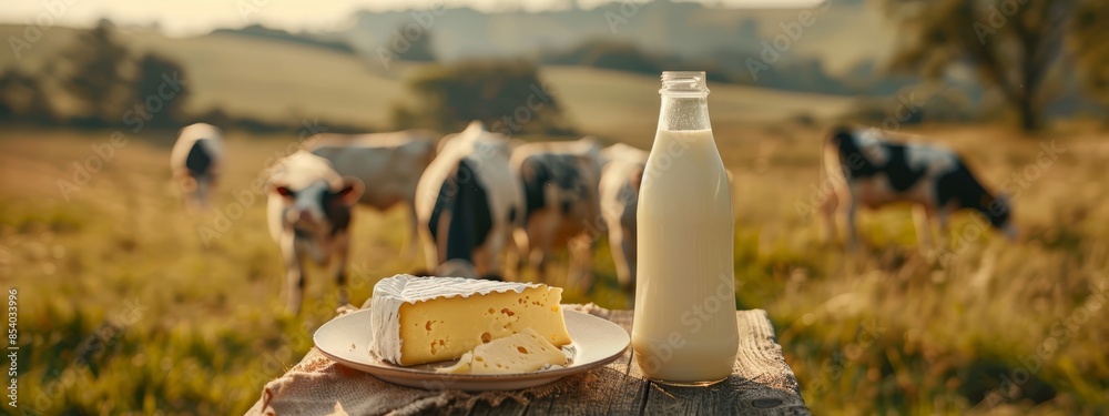 Fototapeta premium A bottle of milk on the table, next to a plate with a slice of cheese
