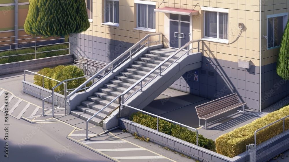 Fototapeta premium A modern building with stairs leading up to the entrance, featuring a bench for seating