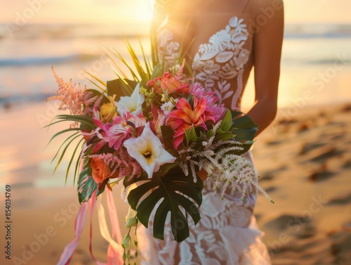 Close-up shot of an elegant summer beach wedding, the bride holding a bouquet of tropical flowers, soft ocean waves in the background, photorealistic detail, warm and golden light