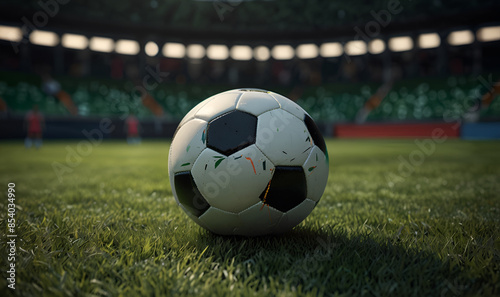 A soccer ball on a soccer field lies on the turf, close-up