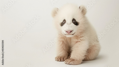 A rare albino panda with striking white and pale fur, sitting gracefully in a minimalist studio setting, showcasing its unique and beautiful appearance.
