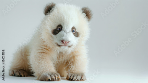A rare albino panda with striking white and pale fur, sitting gracefully in a minimalist studio setting, showcasing its unique and beautiful appearance.
 photo