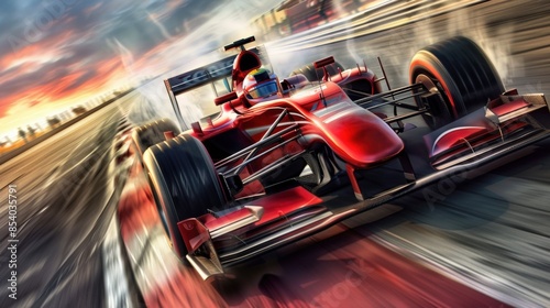 Speeding Red Formula One Car
