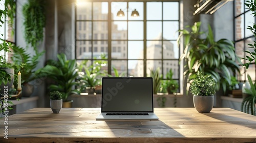 Front View of Blank black laptop Screen on Office Desk with Coffee Cup and Plants, Cityscape Visible Through Large Window in Background, Highlighting Modern Workspace Setup