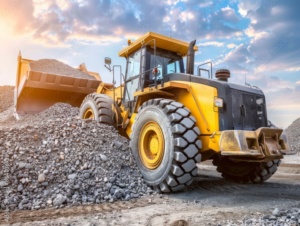 Heavy Duty Wheel Loader in Action Moving Gravel on Construction Site. Heavy Duty Wheel Loader in Action Moving Gravel on Construction Site.