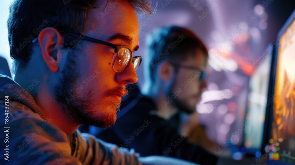 Gamer Focused on Screen in Dark Room
Gamer Focused on Screen in Dark Room