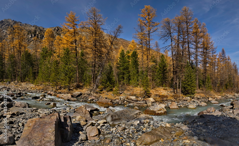 Russia. The South of Western Siberia, the Altai Mountains. Autumn view of the valley of the Aktru River, the source of which is located at the foot of the glacier on the North Chui mountain range. Russia. The South of Western Siberia, the Altai Mountains. Autumn view of the valley of the Aktru River, the source of which is located at the foot of the glacier on the North Chui mountain range.