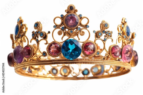 Beautiful gold crown with gems isolated on white, Exquisite Gold Crown with Sparkling Gems, A Symbol of Royalty, Luxurious Isolated Gold Crown, Elegance in Precious Detail