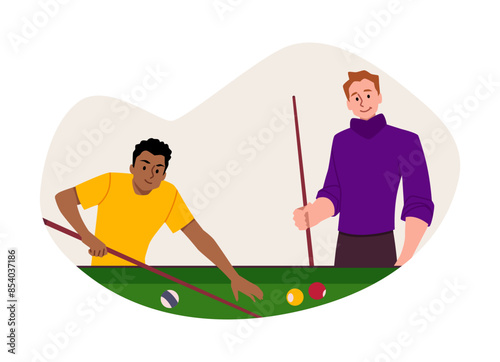Billiard game competition, cartoon men players near the pool table with cue aiming at billiard ball vector flat in frame