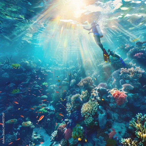 Wallpaper Mural Photorealistic rear view of a person scuba diving in crystal-clear turquoise waters Torontodigital.ca