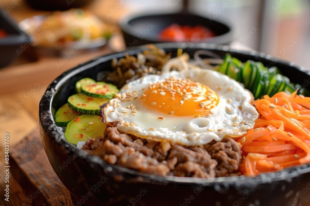 Traditional Korean dish bibimbap with fried agg, beef and vegetables Traditional Korean dish bibimbap with fried agg, beef and vegetables