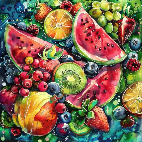 Sumptuous rear view of summer fruits like juicy watermelon, ripe berries, and exotic tropical fruits, in the style of a vivid watercolor painting, bursting with bright, rich colors