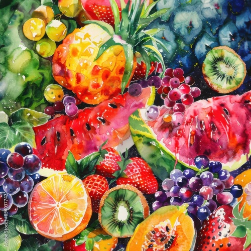 Sumptuous rear view of summer fruits like juicy watermelon, ripe berries, and exotic tropical fruits, in the style of a vivid watercolor painting, bursting with bright, rich colors