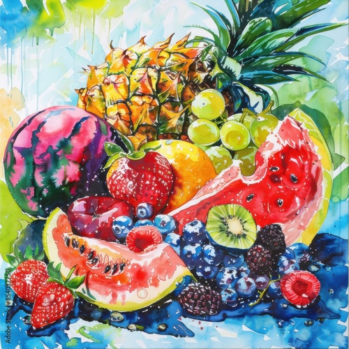 Sumptuous rear view of summer fruits like juicy watermelon, ripe berries, and exotic tropical fruits, in the style of a vivid watercolor painting, bursting with bright, rich colors