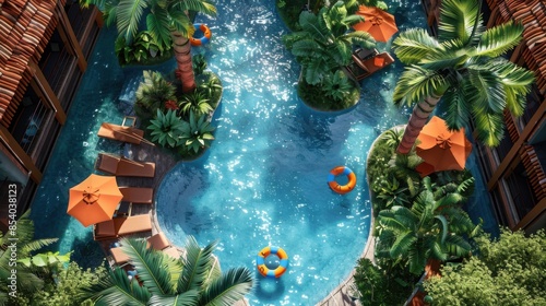 Top-down view of luxury resort with infinity pool