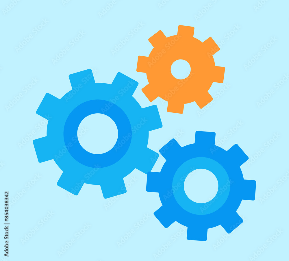 Vector graphics of three gears. One cog is orange and two are in different shades of color. Graphics in a flat style. Vector graphics of three gears. One cog is orange and two are in different shades of color. Graphics in a flat style.