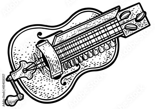 Hurdy-gurdy musical string instrument sketch engraving PNG illustration. T-shirt apparel print design. Scratch board imitation. Black and white hand drawn image.