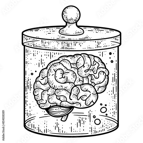 human brain in jar of formalin sketch engraving PNG illustration. T-shirt apparel print design. Scratch board imitation. Black and white hand drawn image. photo