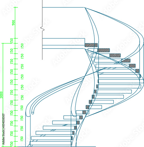 Vector silhouette illustration sketch of a detailed architectural design of a rotating staircase for a house building to a size scale
