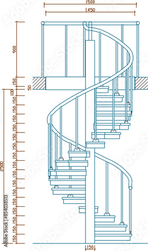 Vector silhouette illustration sketch of a detailed architectural design of a rotating staircase for a house building to a size scale