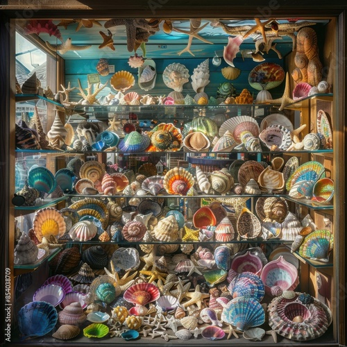 Wide-angle view of a sunlit beach shop window filled with colorful seashells