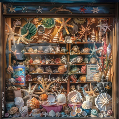 Wide-angle view of a sunlit beach shop window filled with colorful seashells