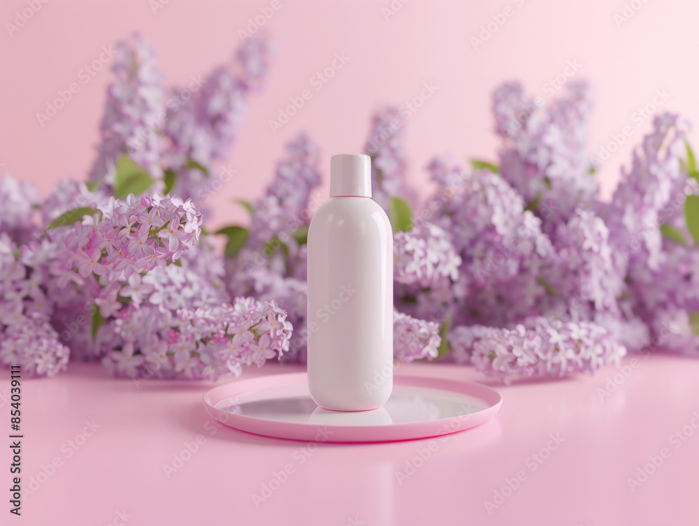 Ai Generated Art a Set of Mockup White No Label Product Rounded Bottle on a Pink Stand Against Pastel Violet Background with Light Pink and White Lilacs in the Background Ai Generated Art a Set of Mockup White No Label Product Rounded Bottle on a Pink Stand Against Pastel Violet Background with Light Pink and White Lilacs in the Background