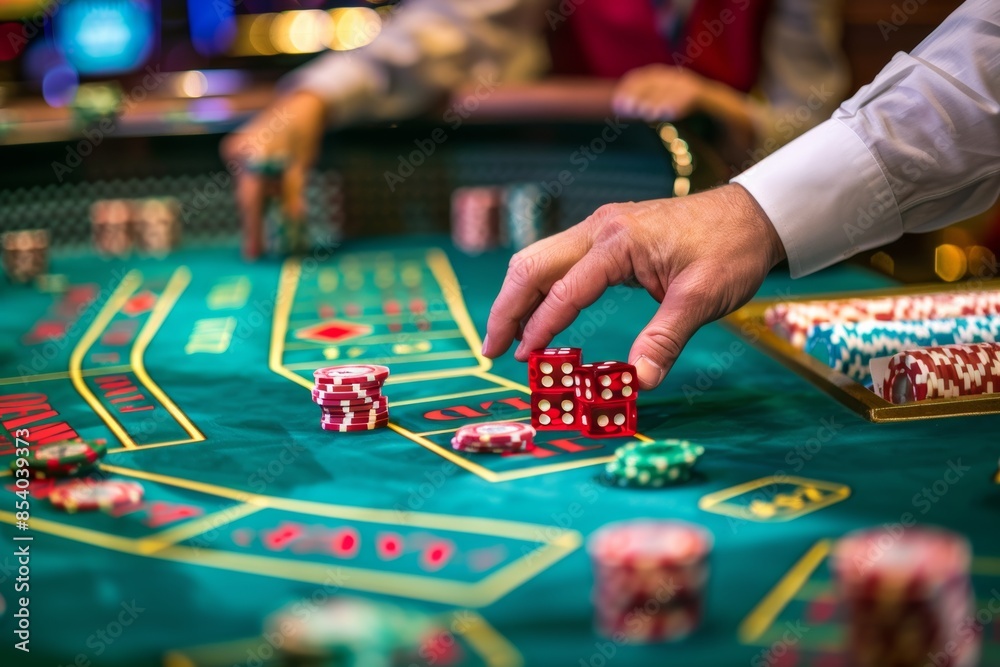 High-stakes gambler's strategic play: Man stacking poker chips at casino High-stakes gambler's strategic play: Man stacking poker chips at casino