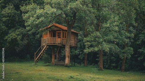 A tree house nestled in a lush green forest. The tree house is made of wood. photo