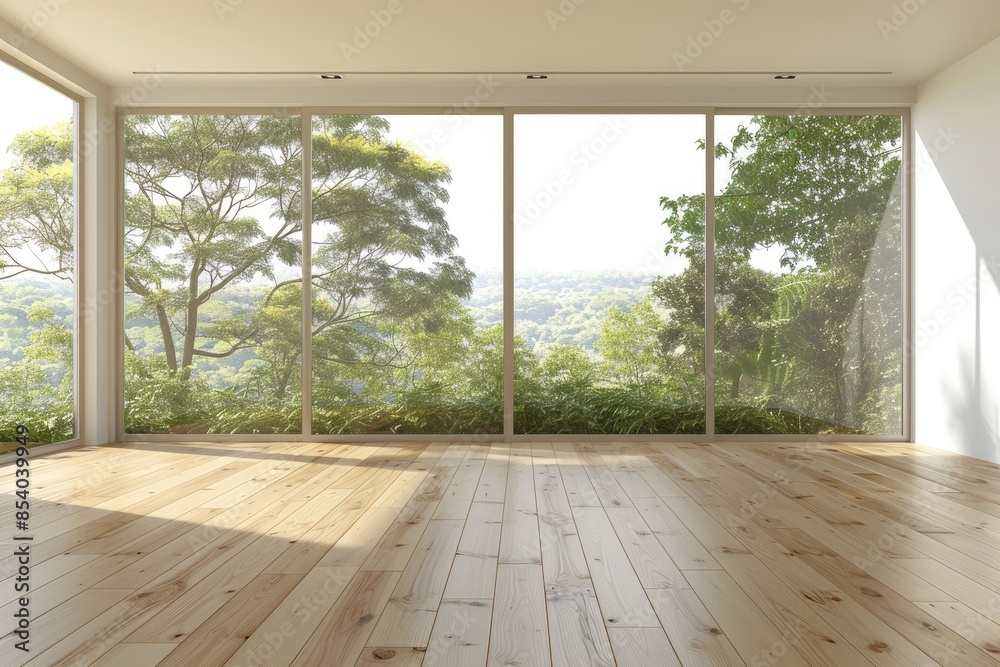 Empty Room with White Walls and Wooden Floors, Featuring Vases with Houseplant and a Large Window. Ideal for Interior Design, Poster, or Print Background Empty Room with White Walls and Wooden Floors, Featuring Vases with Houseplant and a Large Window. Ideal for Interior Design, Poster, or Print Background
