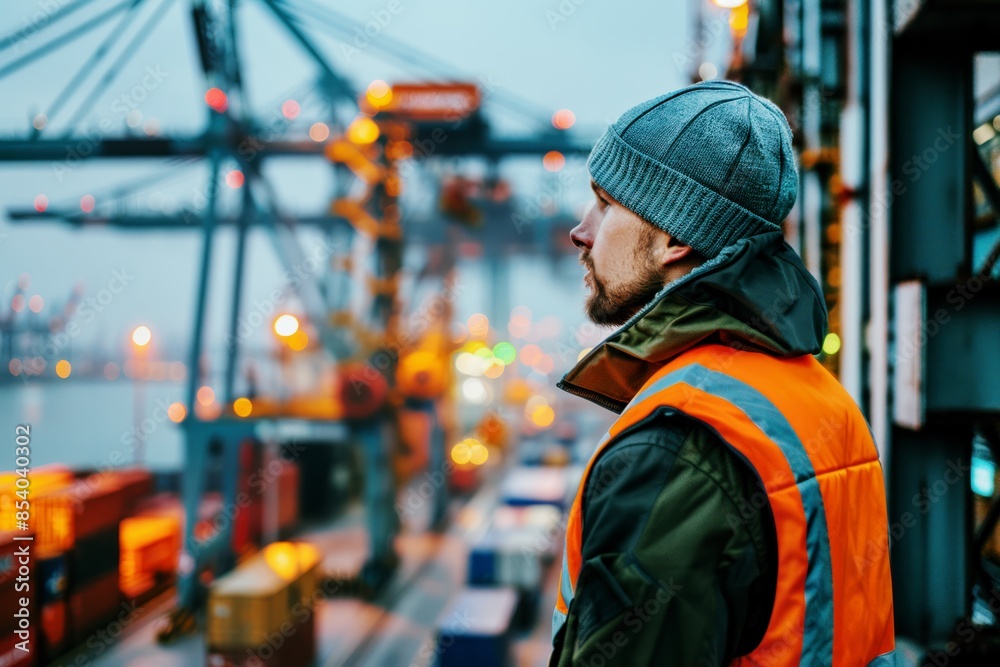 Dock Worker in High-Visibility Vest Overseeing Container Operations at Busy Port Terminal during Early Morning Dock Worker in High-Visibility Vest Overseeing Container Operations at Busy Port Terminal during Early Morning