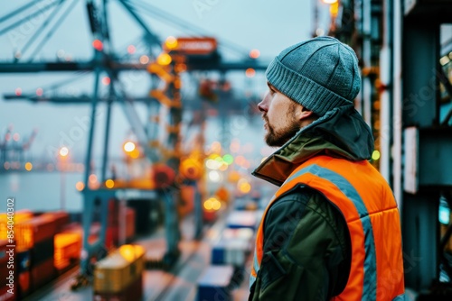 Dock Worker in High-Visibility Vest Overseeing Container Operations at Busy Port Terminal during Early Morning