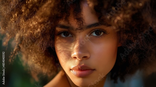 A woman with curly hair is looking at the camera, perfect for hair salon, hair advertisement