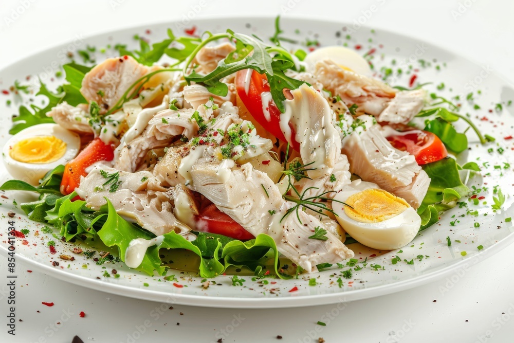 Chicken Mayonnaise Salad with Sliced Poultry Meat, Quail Eggs, Greens, Olivier Salat with Sliced Meat Chicken Mayonnaise Salad with Sliced Poultry Meat, Quail Eggs, Greens, Olivier Salat with Sliced Meat