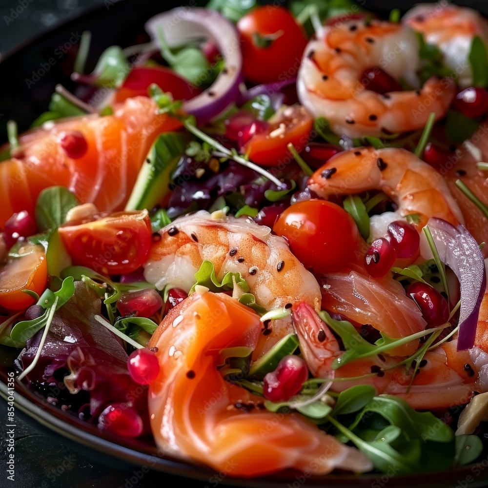 Salmon Salad with Shrimps and Greens, Smoked Trout Pieces, Lettuce, Cucumbers, Radicchio, Nuts Salmon Salad with Shrimps and Greens, Smoked Trout Pieces, Lettuce, Cucumbers, Radicchio, Nuts