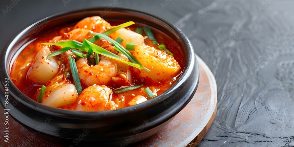 Traditional Korean kimchi stew in a ceramic bowl spicy and flavorful. Concept Kimchi, Korean cuisine, Stew, Spicy, Flavorful Traditional Korean kimchi stew in a ceramic bowl spicy and flavorful. Concept Kimchi, Korean cuisine, Stew, Spicy, Flavorful