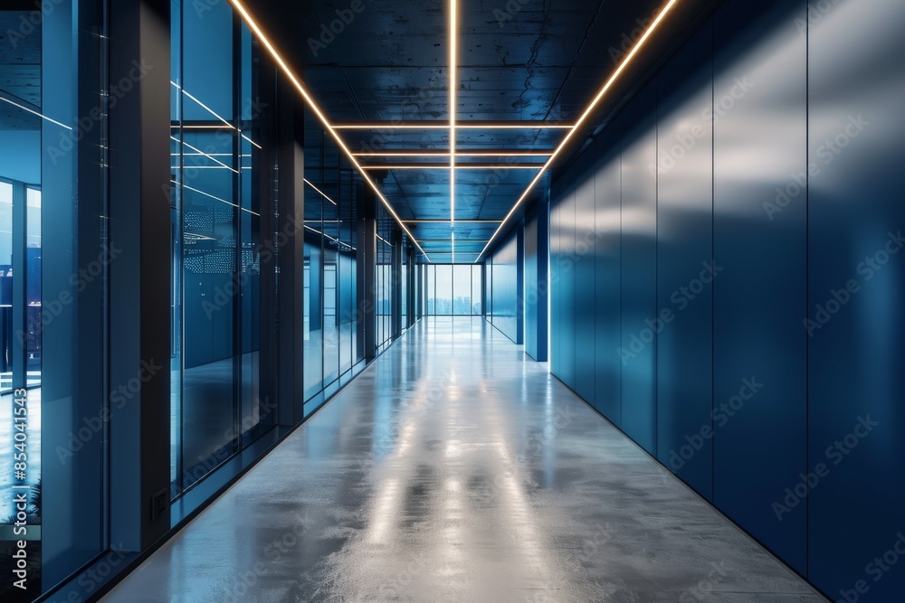 blue office corridor, concrete floor, loft-style windows, continuous ceiling lights, business and financial design theme, spacious interior concept