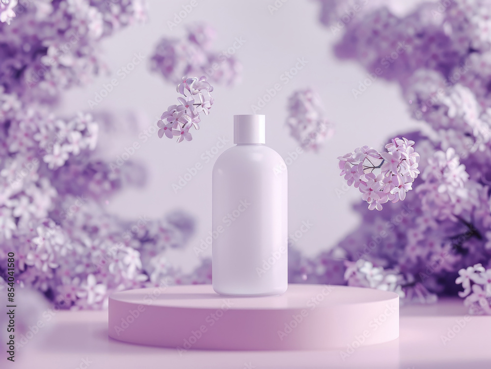 Ai Generated Art Mockup White No Label Product Bottle Spray on a Pink Plate Stand Against Pastel Violet Lila Background with Lilacs floating in the Background Ai Generated Art Mockup White No Label Product Bottle Spray on a Pink Plate Stand Against Pastel Violet Lila Background with Lilacs floating in the Background