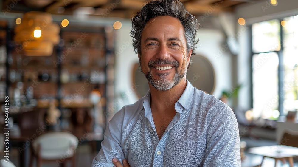 Smiling successful businessman with crossed arms stands in a modern cafe setting exuding confidence Smiling successful businessman with crossed arms stands in a modern cafe setting exuding confidence