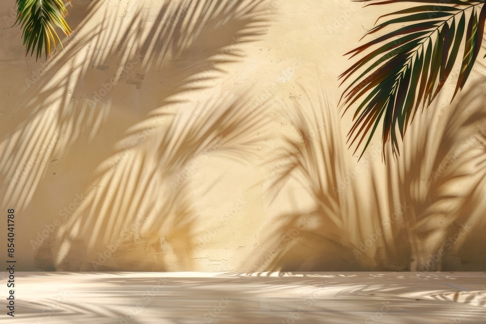 Advertising background with soft palm tree shadows. Wall and tabletop are the same delicate, light color Advertising background with soft palm tree shadows. Wall and tabletop are the same delicate, light color